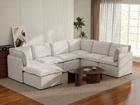 Deluxe Cloud 6-Seater Beige Large Space Sofa Set | 7-Piece (Includes 1 Ottoman), Linen Look Poly Fabric, Easy To Clean