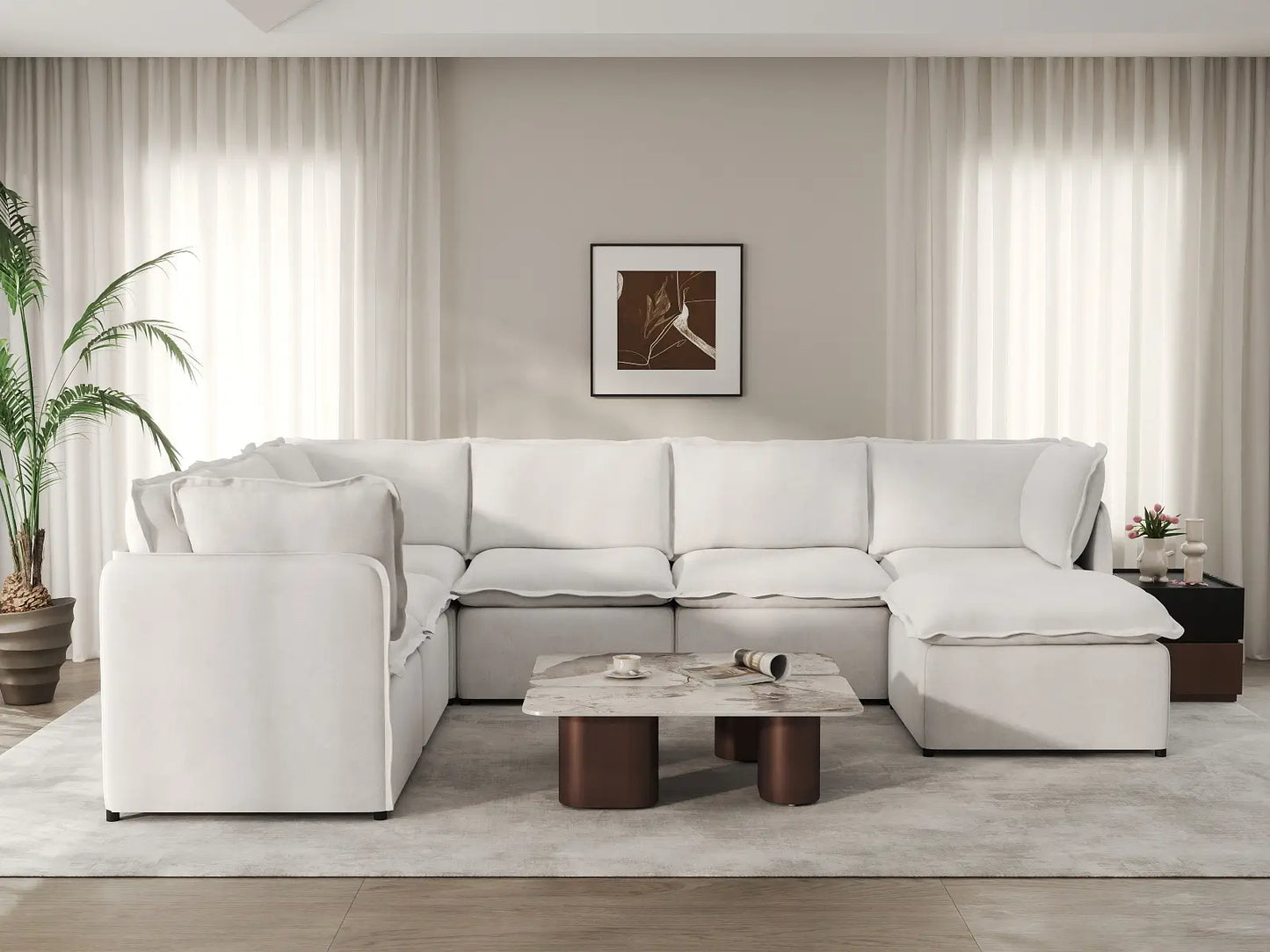 Deluxe Cloud 6-Seater Beige Large Space Sofa Set | 7-Piece (Includes 1 Ottoman), Linen Look Poly Fabric, Easy To Clean