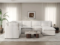 Deluxe Cloud 6-Seater Beige Large Space Sofa Set | 7-Piece (Includes 1 Ottoman), Linen Look Poly Fabric, Easy To Clean