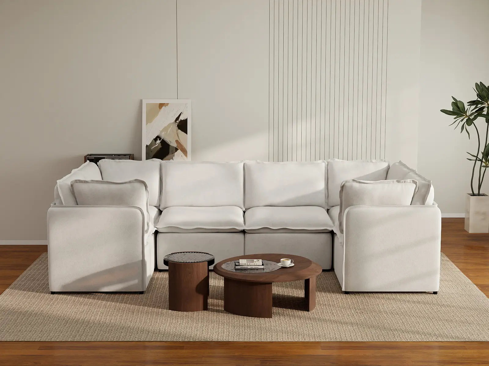 Deluxe Cloud 6-Seater Beige Large Space U-Shaped Sectional | 6-Piece, Linen Look Poly Fabric, Easy To Clean