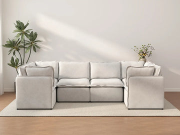 Deluxe Cloud 6-Seater Beige Large Space U-Shaped Sectional | 6-Piece, Linen Look Poly Fabric, Easy To Clean