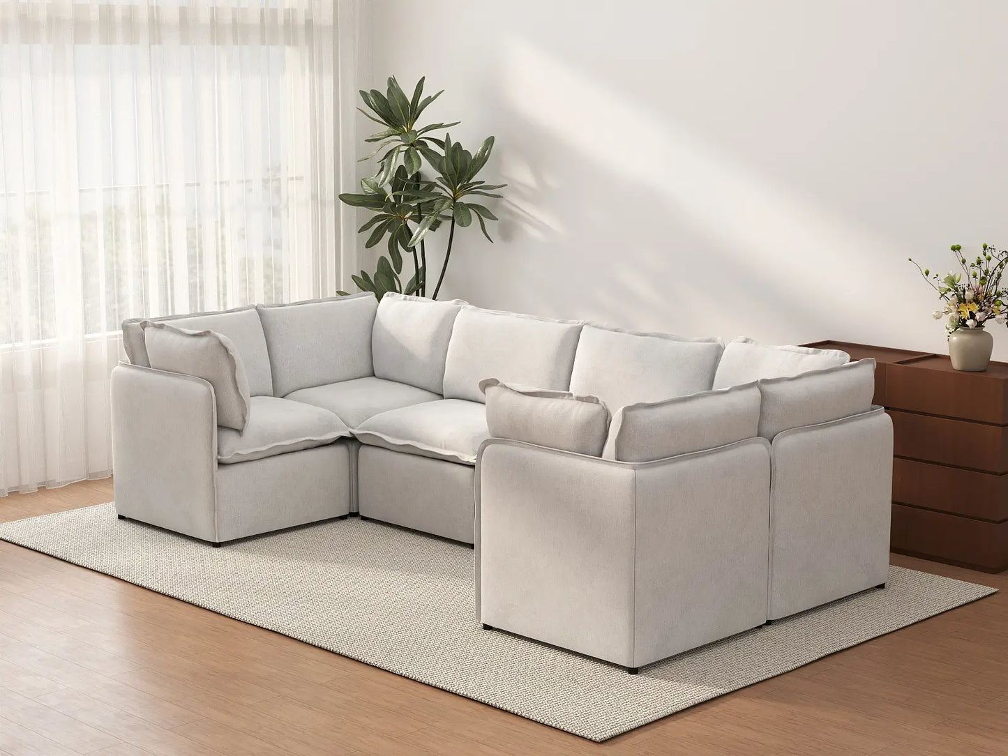 Deluxe Cloud 6-Seater Beige Large Space U-Shaped Sectional | 6-Piece, Linen Look Poly Fabric, Easy To Clean
