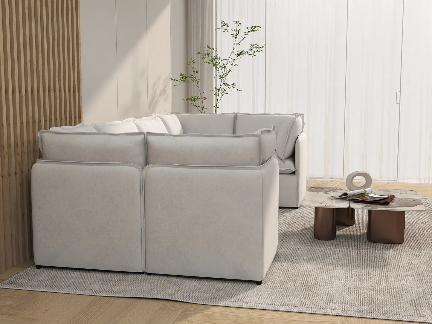 Deluxe Cloud 6-Seater Beige Large Space U-Shaped Sectional | 6-Piece, Linen Look Poly Fabric, Easy To Clean