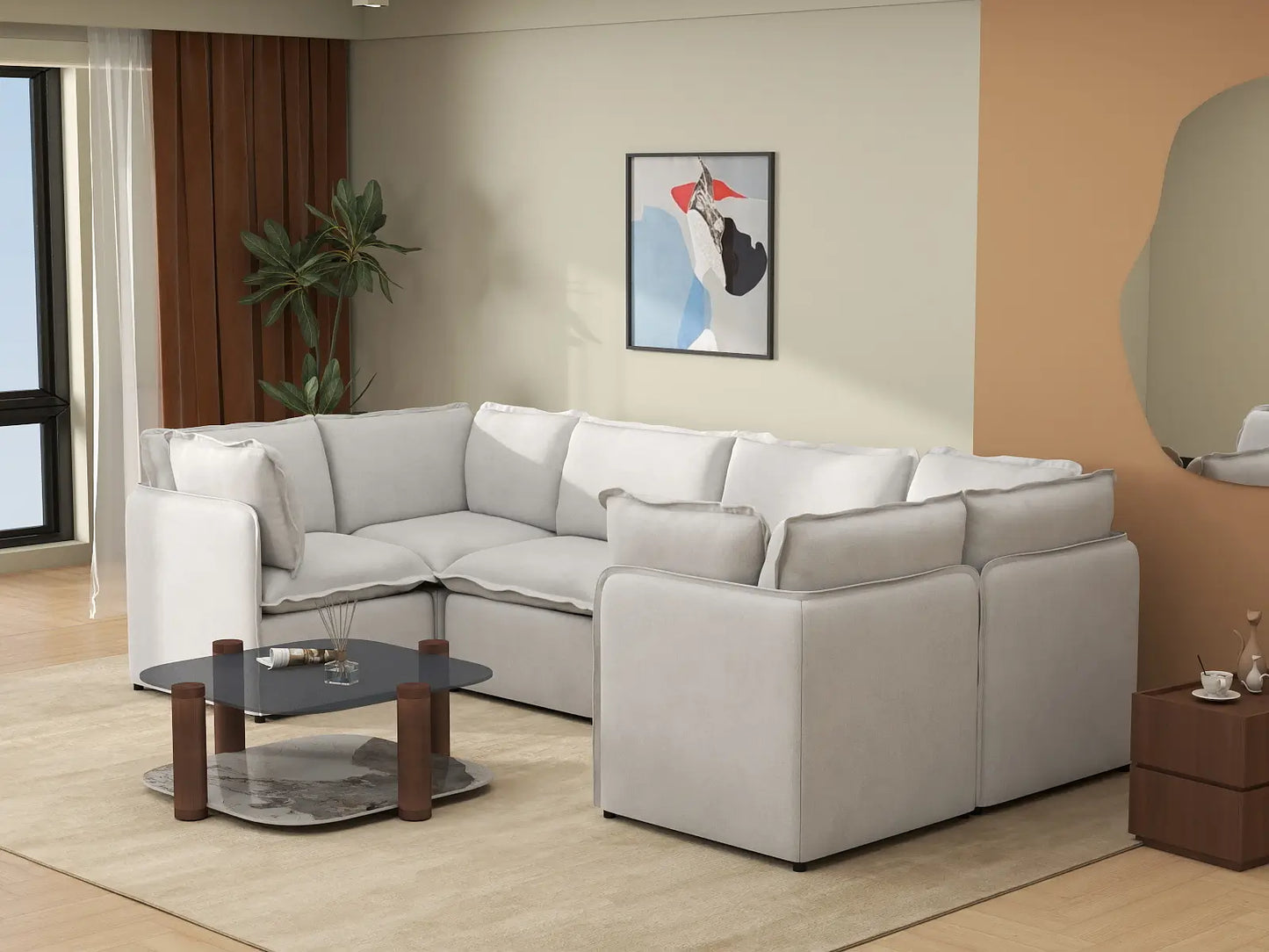 Deluxe Cloud 6-Seater Beige Large Space U-Shaped Sectional | 6-Piece, Linen Look Poly Fabric, Easy To Clean