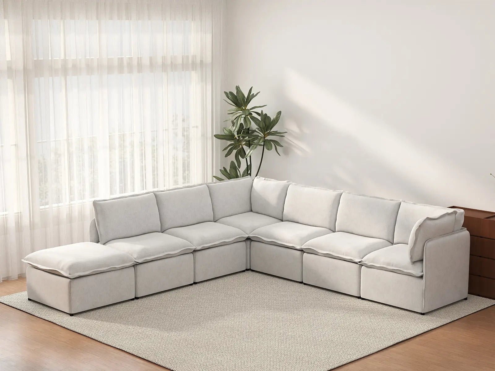 Deluxe Cloud 6-Seater Beige Large Space V-Shaped Sectional | 7-Piece (Includes 1 Ottoman), Linen Look Poly Fabric, Easy To Clean