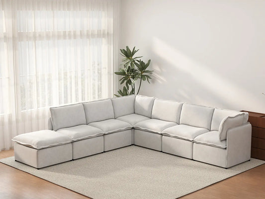 Deluxe Cloud 6-Seater Beige Large Space V-Shaped Sectional | 7-Piece (Includes 1 Ottoman), Linen Look Poly Fabric, Easy To Clean