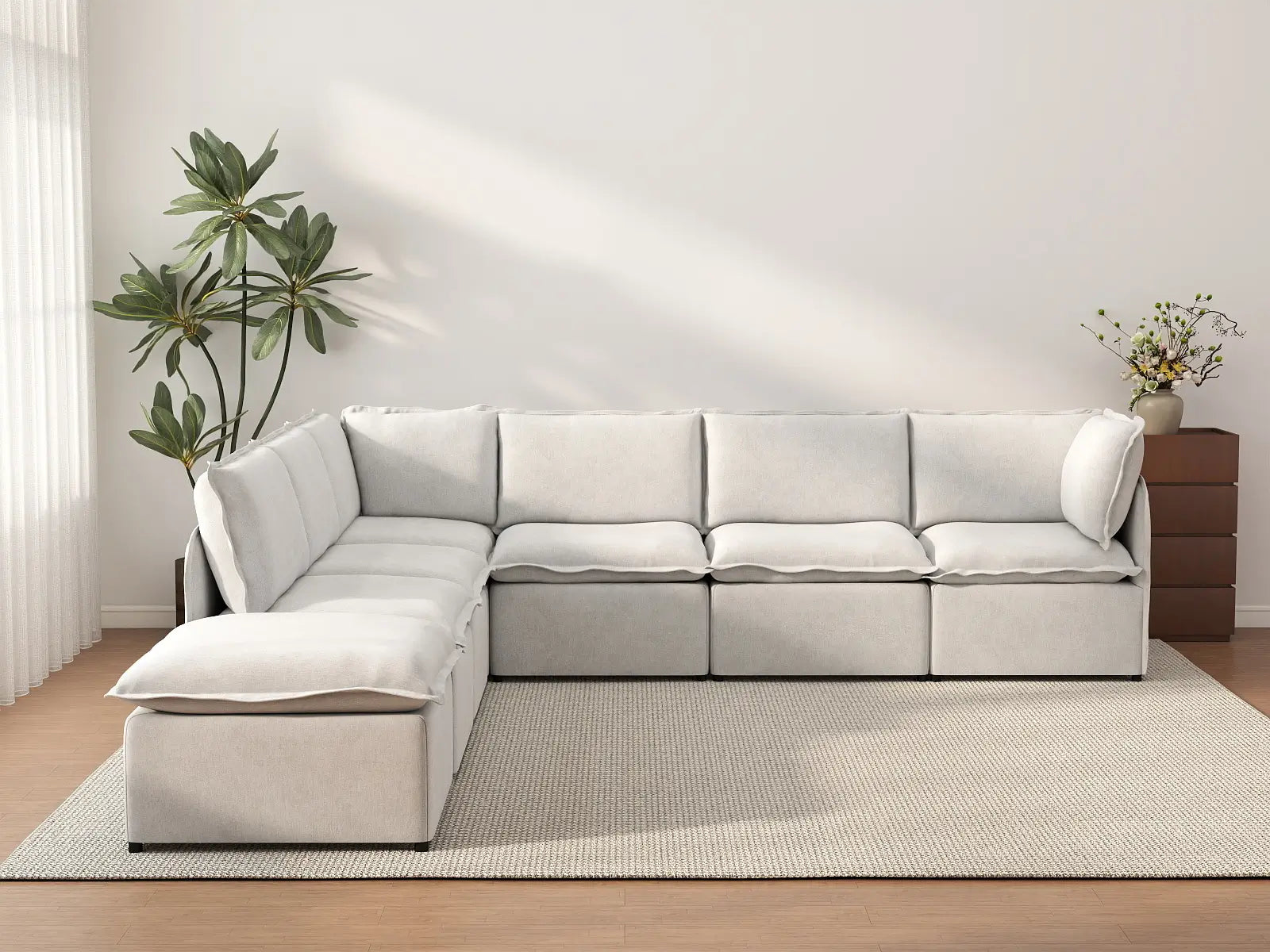 Deluxe Cloud 6-Seater Beige Large Space V-Shaped Sectional | 7-Piece (Includes 1 Ottoman), Linen Look Poly Fabric, Easy To Clean