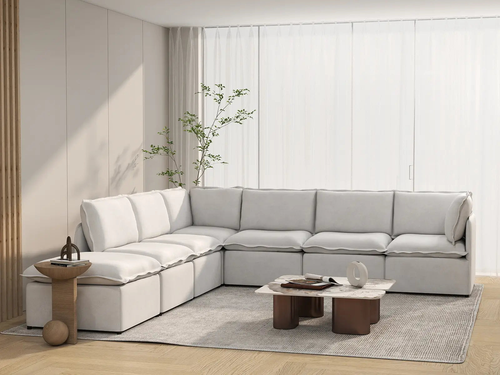 Deluxe Cloud 6-Seater Beige Large Space V-Shaped Sectional | 7-Piece (Includes 1 Ottoman), Linen Look Poly Fabric, Easy To Clean