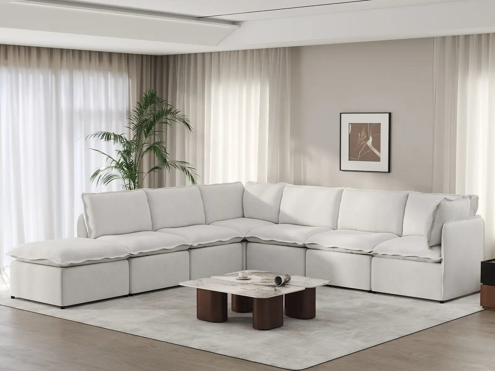 Deluxe Cloud 6-Seater Beige Large Space V-Shaped Sectional | 7-Piece (Includes 1 Ottoman), Linen Look Poly Fabric, Easy To Clean