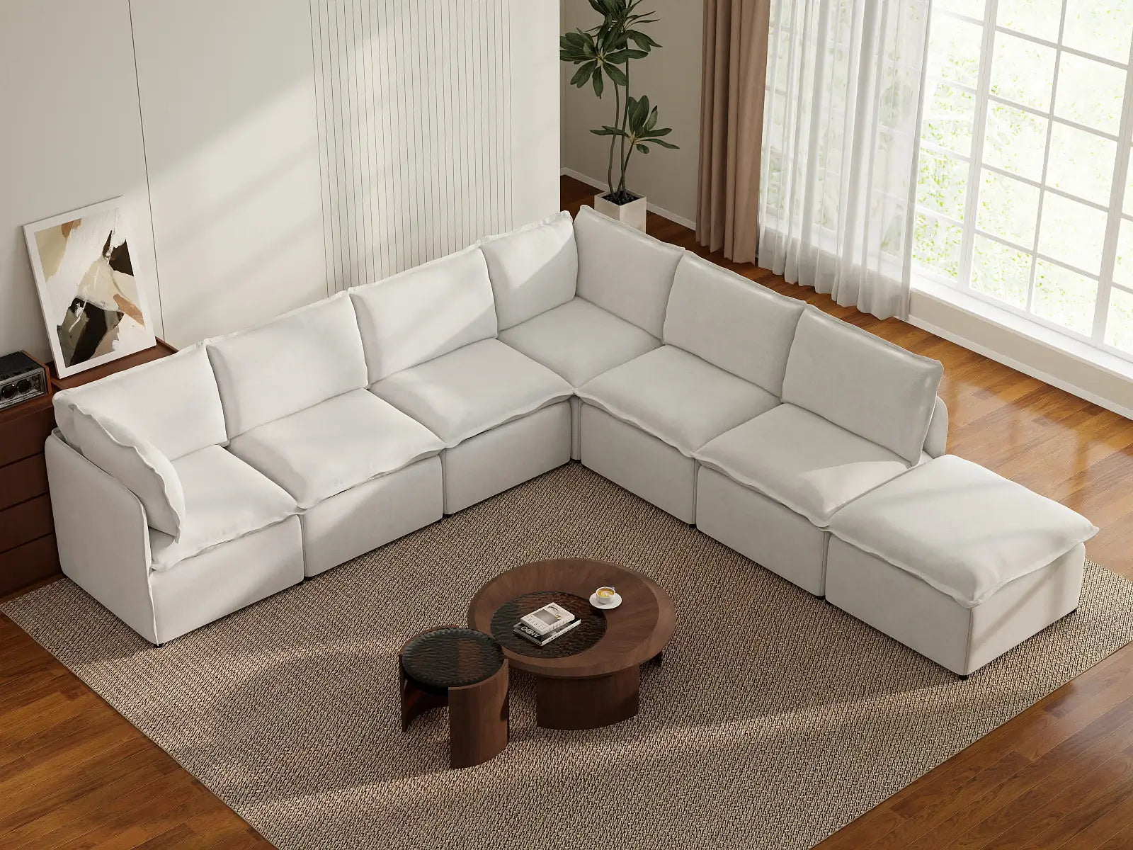Deluxe Cloud 6-Seater Beige Large Space V-Shaped Sectional | 7-Piece (Includes 1 Ottoman), Linen Look Poly Fabric, Easy To Clean