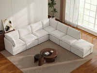 Deluxe Cloud 6-Seater Beige Large Space V-Shaped Sectional | 7-Piece (Includes 1 Ottoman), Linen Look Poly Fabric, Easy To Clean