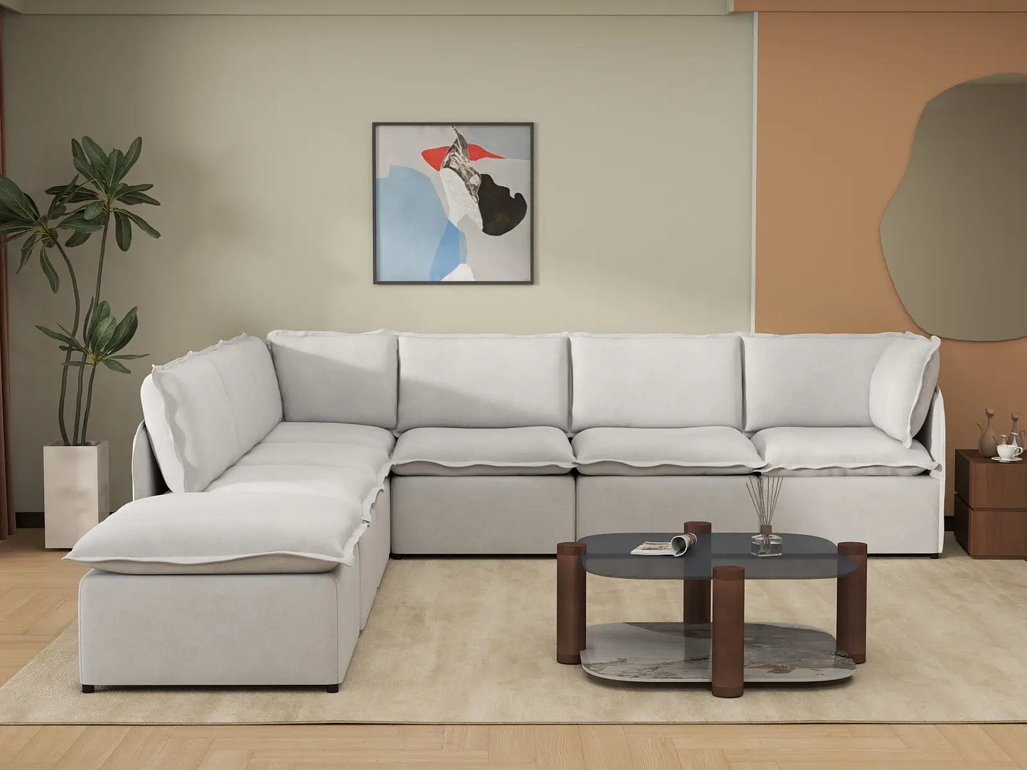 Deluxe Cloud 6-Seater Beige Large Space V-Shaped Sectional | 7-Piece (Includes 1 Ottoman), Linen Look Poly Fabric, Easy To Clean