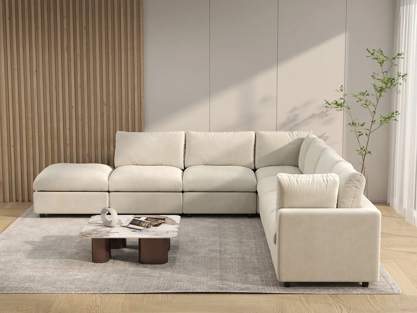 Seccional de lujo de 6 plazas en forma de V, color beige, con gran espacio | 7 piezas (incluye 1 otomana), tela de chenilla de mezcla de lino, fácil de limpiar