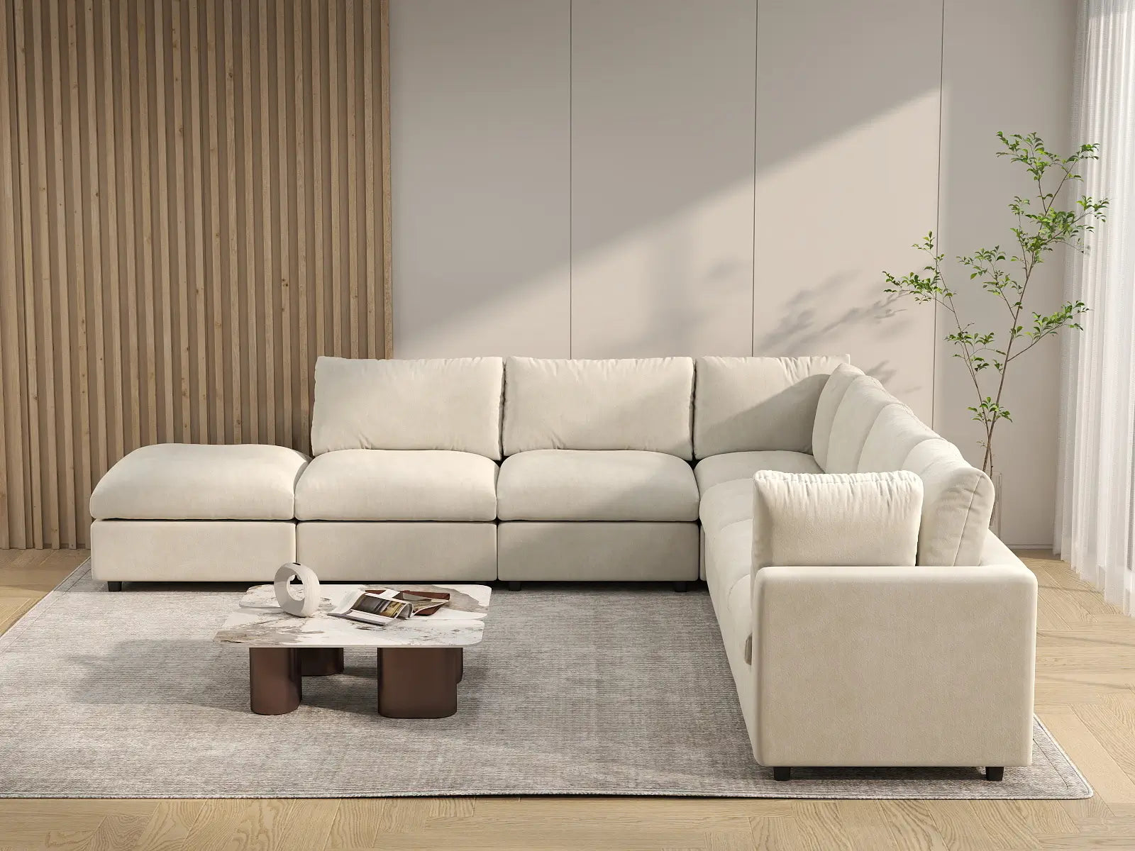 Seccional de lujo de 6 plazas en forma de V, color beige, con gran espacio | 7 piezas (incluye 1 otomana), tela de chenilla de mezcla de lino, fácil de limpiar