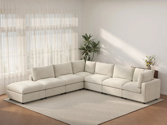 Seccional de lujo de 6 plazas en forma de V, color beige, con gran espacio | 7 piezas (incluye 1 otomana), tela de chenilla de mezcla de lino, fácil de limpiar