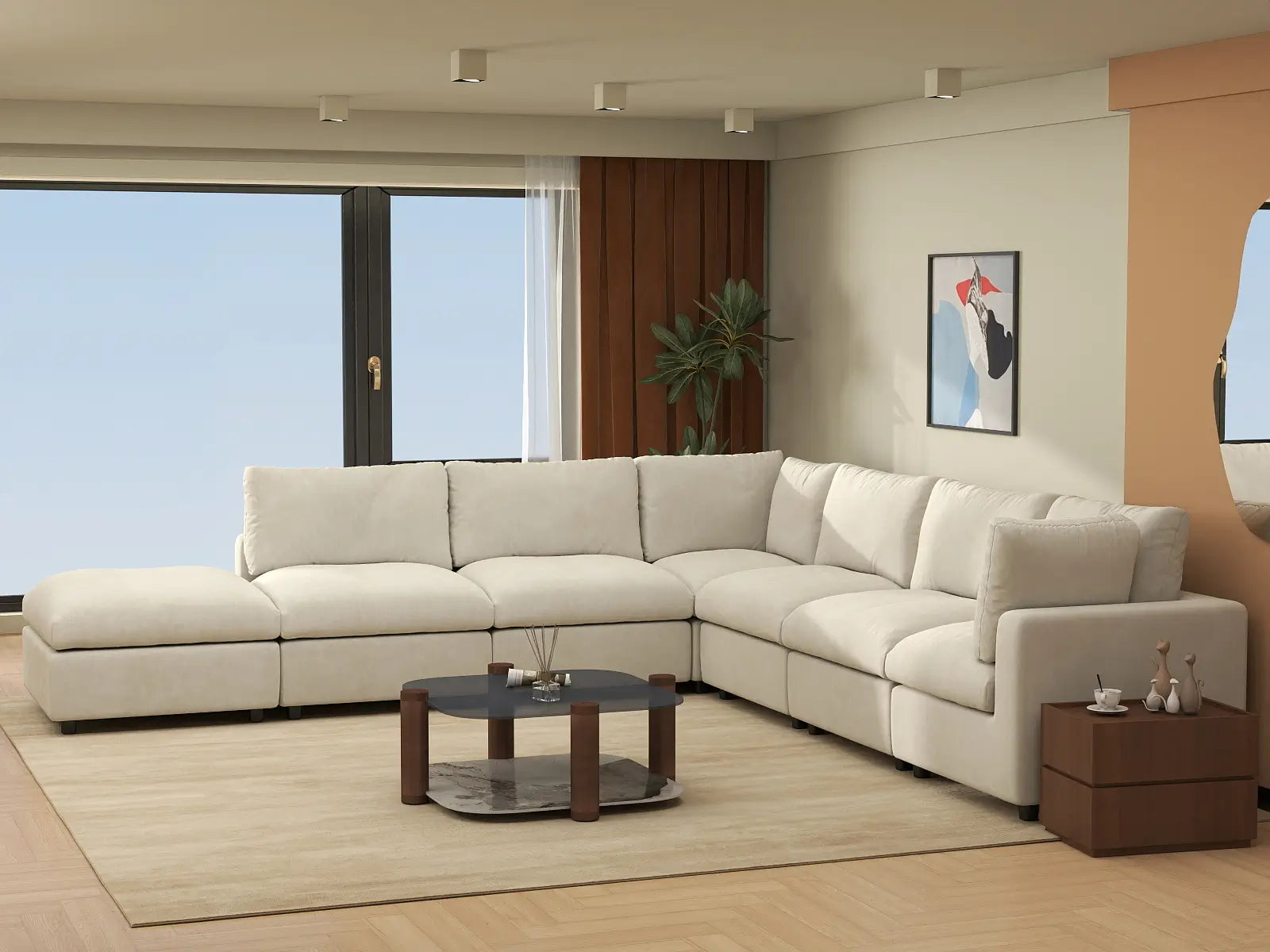 Fundas de sofá seccional Lounge Cloud | Funda de sofá de chenilla de lino mezclado beige para 6 plazas con 1 otomana