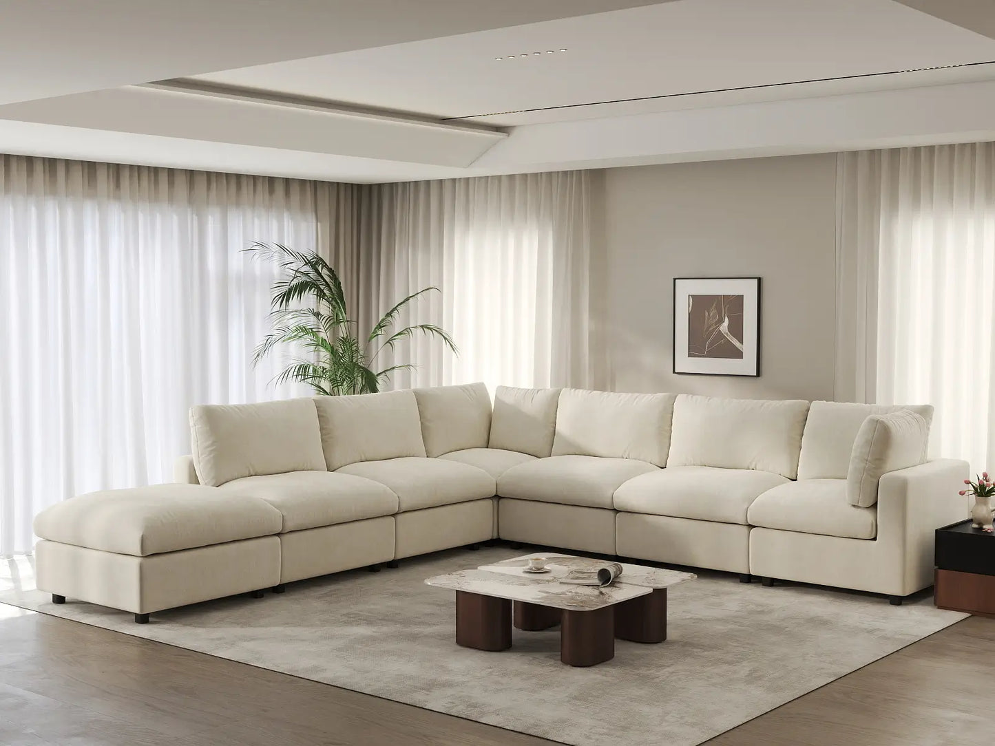 Seccional de lujo de 6 plazas en forma de V, color beige, con gran espacio | 7 piezas (incluye 1 otomana), tela de chenilla de mezcla de lino, fácil de limpiar