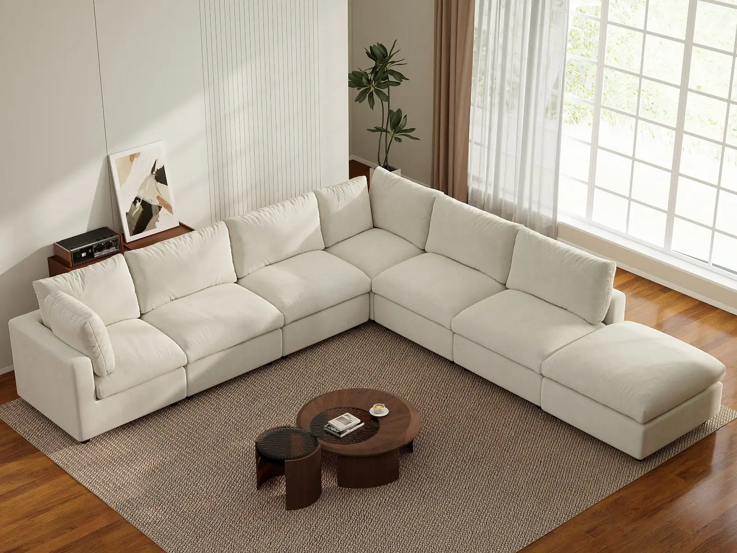 Fundas de sofá seccional Lounge Cloud | Funda de sofá de chenilla de lino mezclado beige para 6 plazas con 1 otomana
