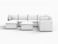 Deluxe Cloud 6-Seater Beige Open Space Sofa Set | 8-Piece (Includes 2 Ottomans), Linen Look Poly Fabric, Easy To Clean