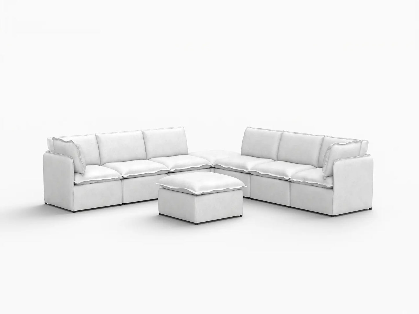 Deluxe Cloud 6-Seater Beige Open Space Sofa Set | 8-Piece (Includes 2 Ottomans), Linen Look Poly Fabric, Easy To Clean