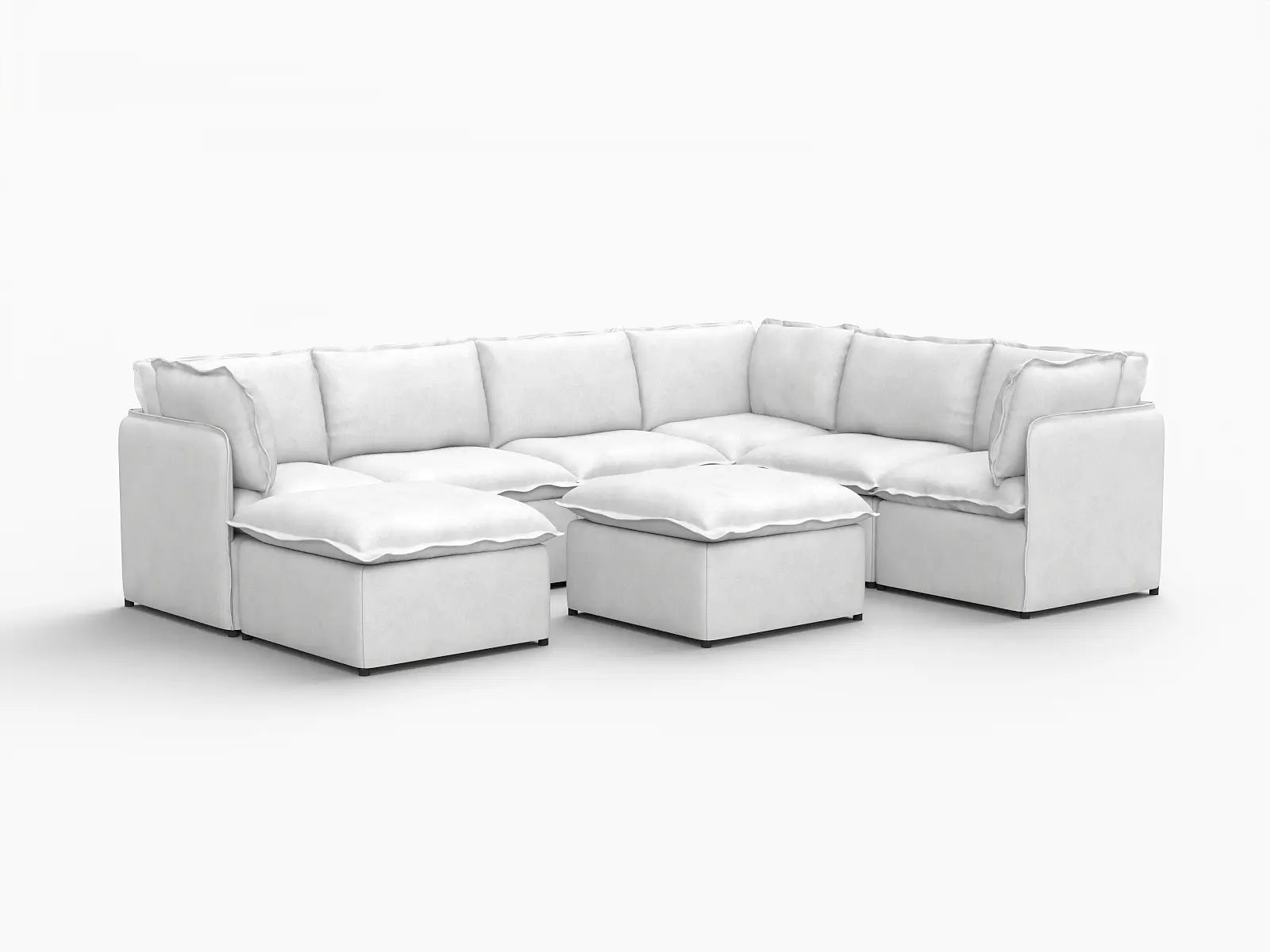 Deluxe Cloud 6-Seater Beige Open Space Sofa Set | 8-Piece (Includes 2 Ottomans), Linen Look Poly Fabric, Easy To Clean