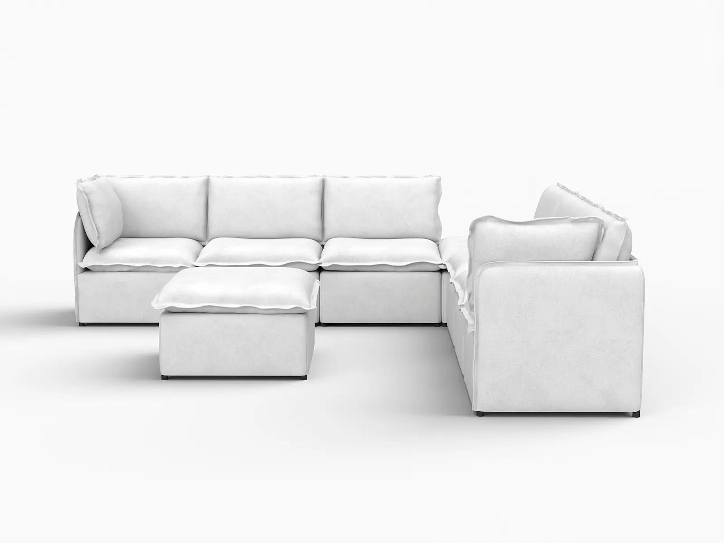 Deluxe Cloud 6-Seater Beige Open Space Sofa Set | 8-Piece (Includes 2 Ottomans), Linen Look Poly Fabric, Easy To Clean