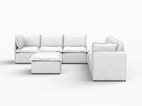 Deluxe Cloud 6-Seater Beige Open Space Sofa Set | 8-Piece (Includes 2 Ottomans), Linen Look Poly Fabric, Easy To Clean