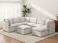Deluxe Cloud 6-Seater Beige Open Space Sofa Set | 8-Piece (Includes 2 Ottomans), Linen Look Poly Fabric, Easy To Clean