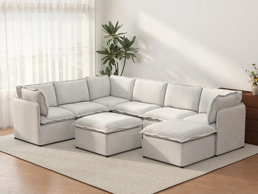 Deluxe Cloud 6-Seater Beige Open Space Sofa Set | 8-Piece (Includes 2 Ottomans), Linen Look Poly Fabric, Easy To Clean