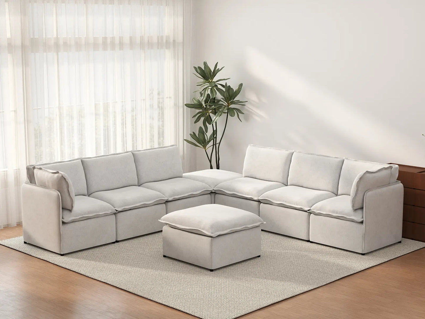 Deluxe Cloud 6-Seater Beige Open Space Sofa Set | 8-Piece (Includes 2 Ottomans), Linen Look Poly Fabric, Easy To Clean