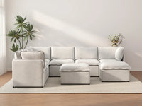 Deluxe Cloud 6-Seater Beige Open Space Sofa Set | 8-Piece (Includes 2 Ottomans), Linen Look Poly Fabric, Easy To Clean