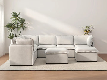 Deluxe Cloud 6-Seater Beige Open Space Sofa Set | 8-Piece (Includes 2 Ottomans), Linen Look Poly Fabric, Easy To Clean