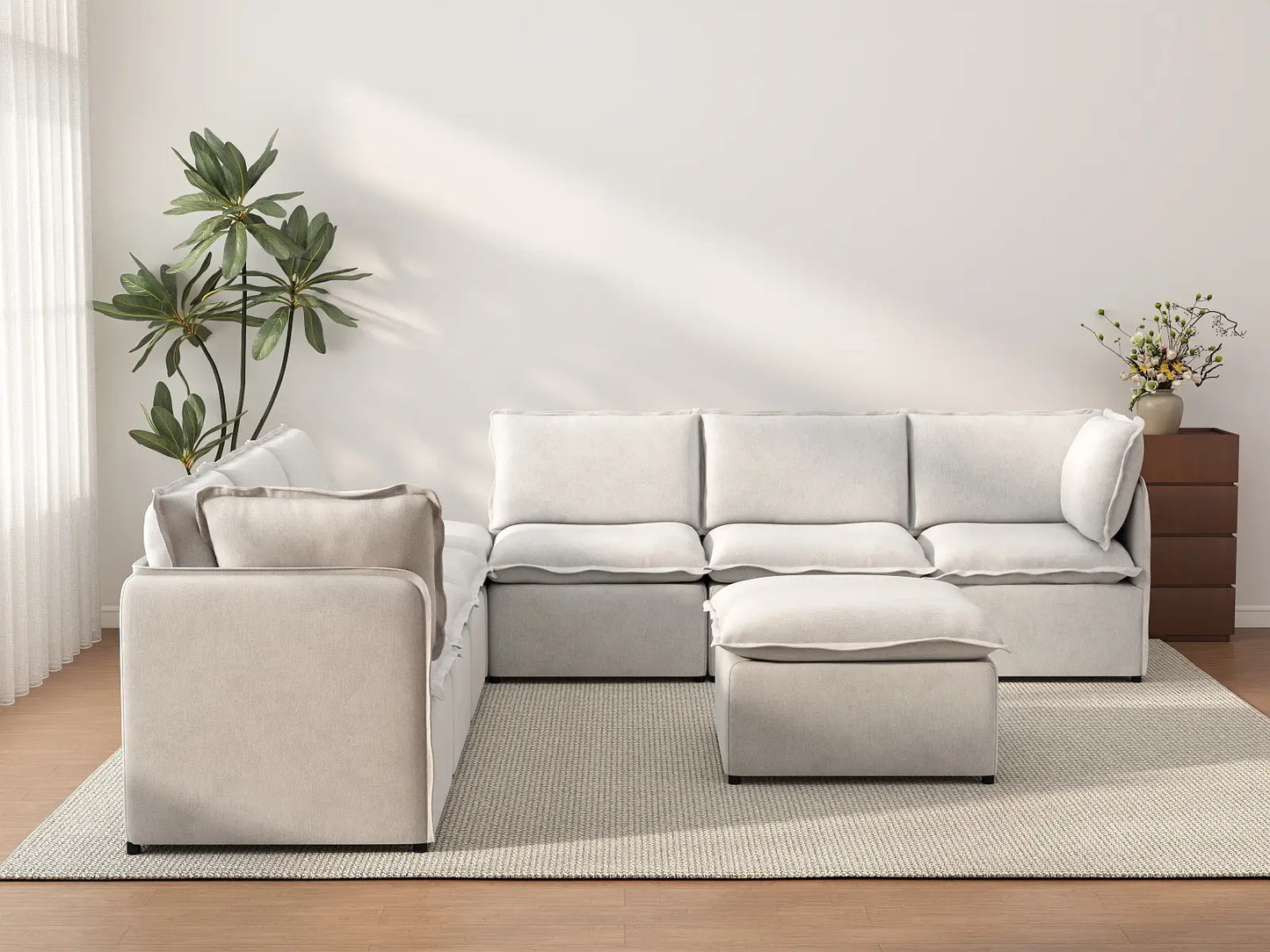 Deluxe Cloud 6-Seater Beige Open Space Sofa Set | 8-Piece (Includes 2 Ottomans), Linen Look Poly Fabric, Easy To Clean
