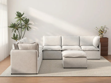 Deluxe Cloud 6-Seater Beige Open Space Sofa Set | 8-Piece (Includes 2 Ottomans), Linen Look Poly Fabric, Easy To Clean