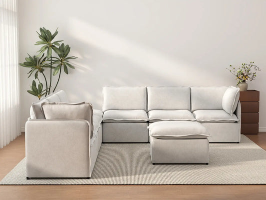 Deluxe Cloud 6-Seater Beige Open Space Sofa Set | 8-Piece (Includes 2 Ottomans), Linen Look Poly Fabric, Easy To Clean