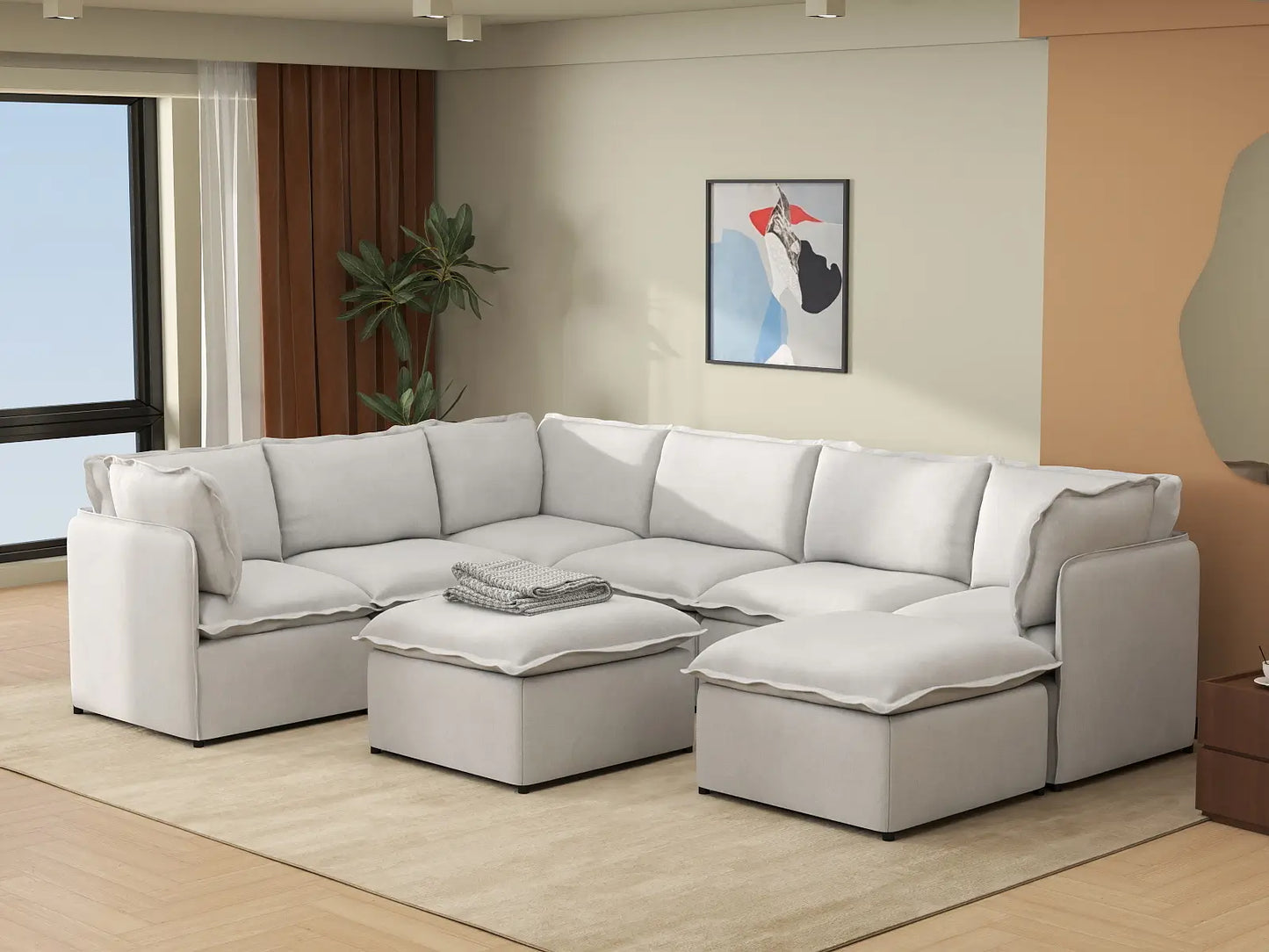 Deluxe Cloud 6-Seater Beige Open Space Sofa Set | 8-Piece (Includes 2 Ottomans), Linen Look Poly Fabric, Easy To Clean