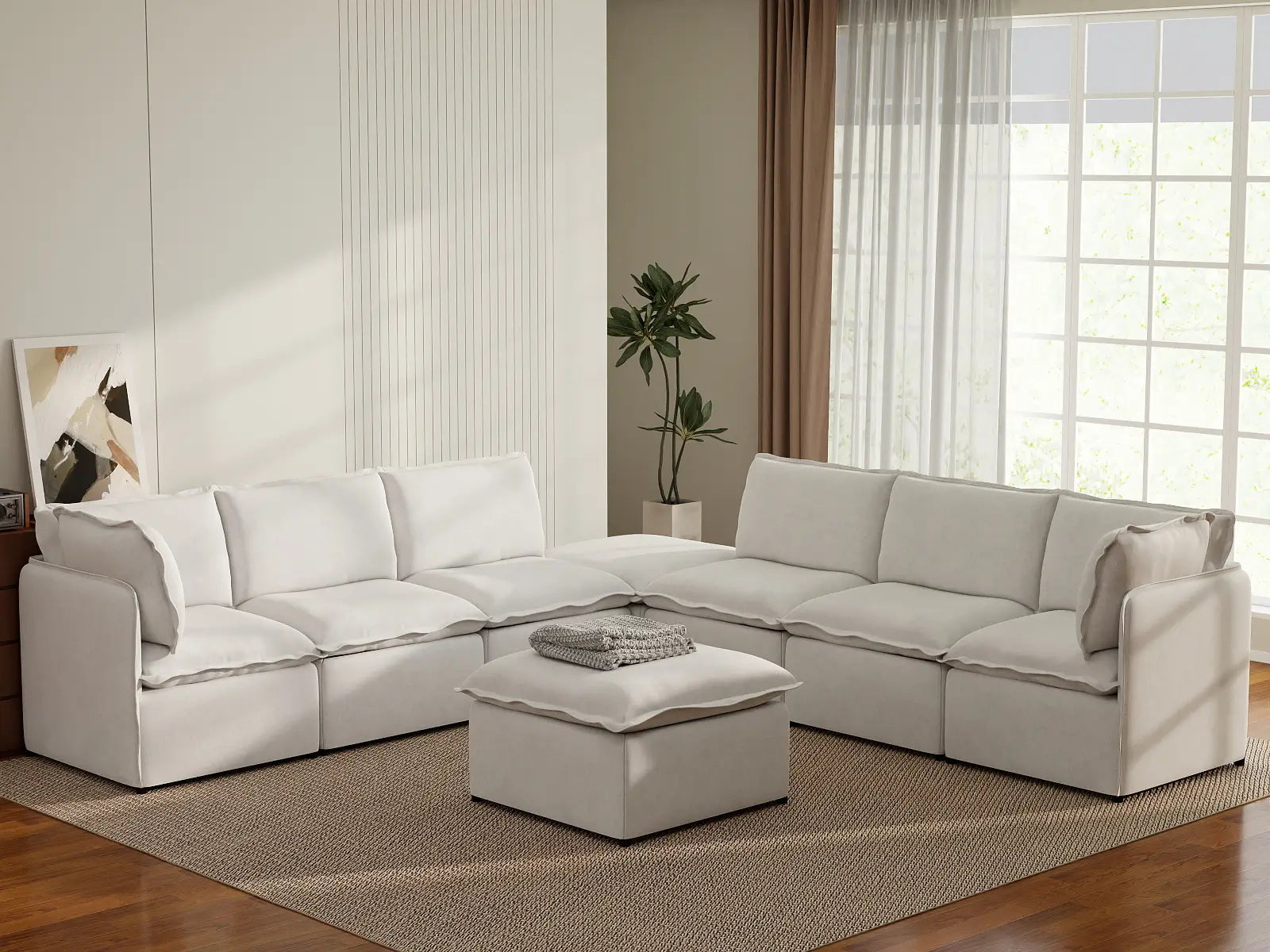 Deluxe Cloud 6-Seater Beige Open Space Sofa Set | 8-Piece (Includes 2 Ottomans), Linen Look Poly Fabric, Easy To Clean