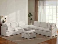Deluxe Cloud 6-Seater Beige Open Space Sofa Set | 8-Piece (Includes 2 Ottomans), Linen Look Poly Fabric, Easy To Clean