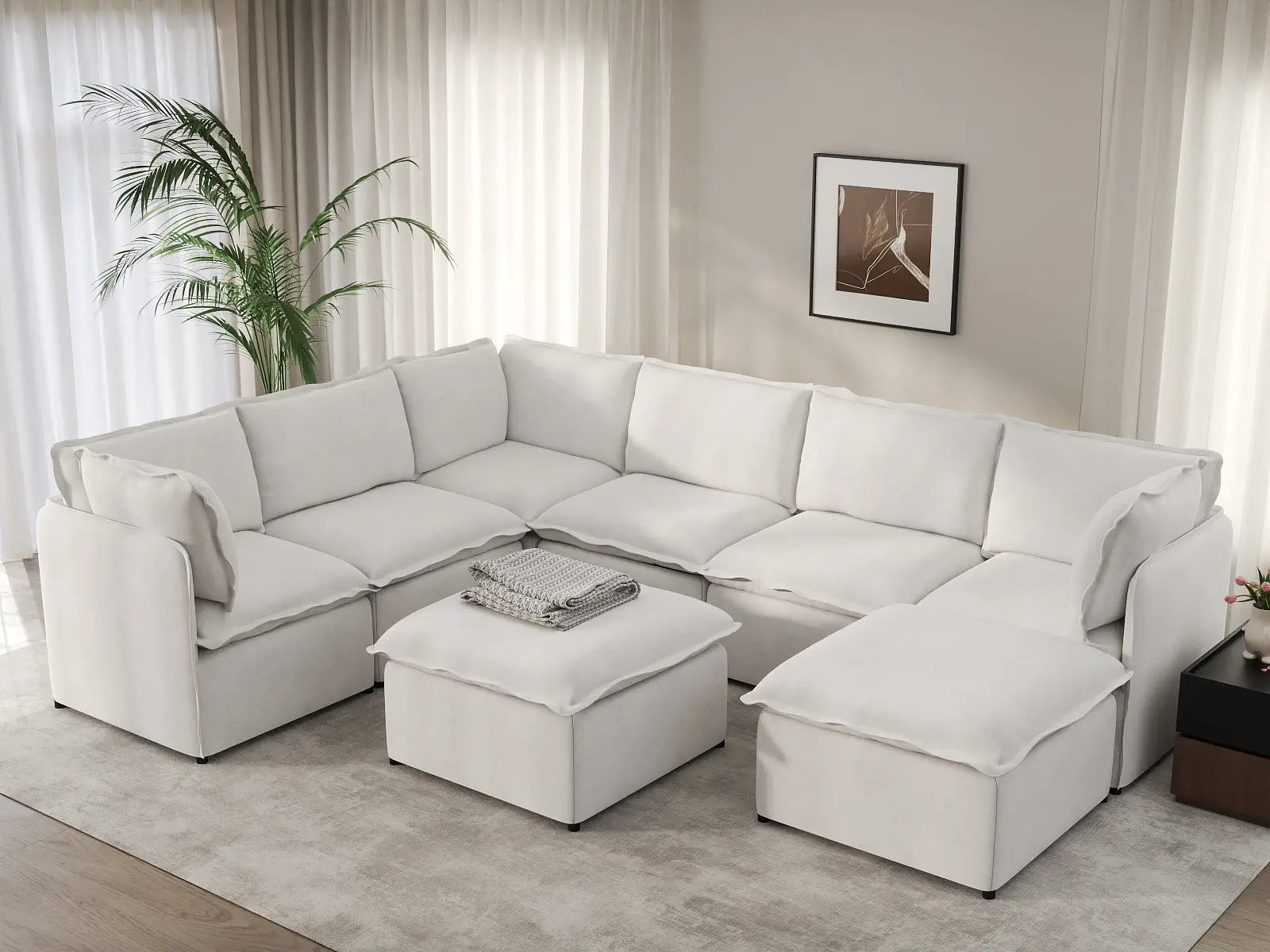 Deluxe Cloud 6-Seater Beige Open Space Sofa Set | 8-Piece (Includes 2 Ottomans), Linen Look Poly Fabric, Easy To Clean