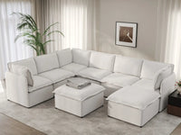 Deluxe Cloud 6-Seater Beige Open Space Sofa Set | 8-Piece (Includes 2 Ottomans), Linen Look Poly Fabric, Easy To Clean