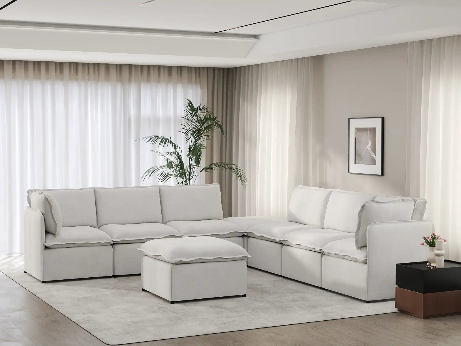 Deluxe Cloud 6-Seater Beige Open Space Sofa Set | 8-Piece (Includes 2 Ottomans), Linen Look Poly Fabric, Easy To Clean