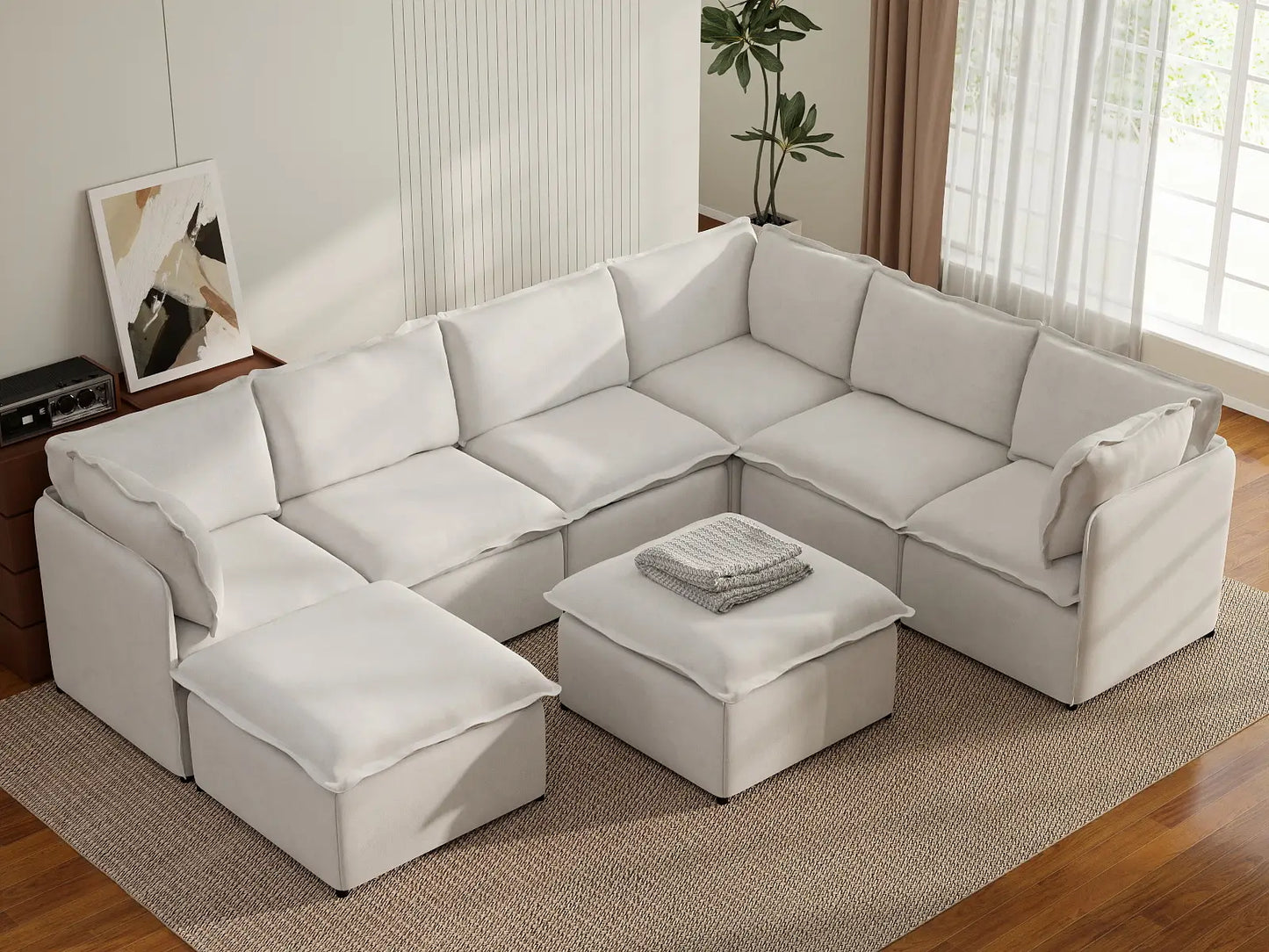 Deluxe Cloud 6-Seater Beige Open Space Sofa Set | 8-Piece (Includes 2 Ottomans), Linen Look Poly Fabric, Easy To Clean