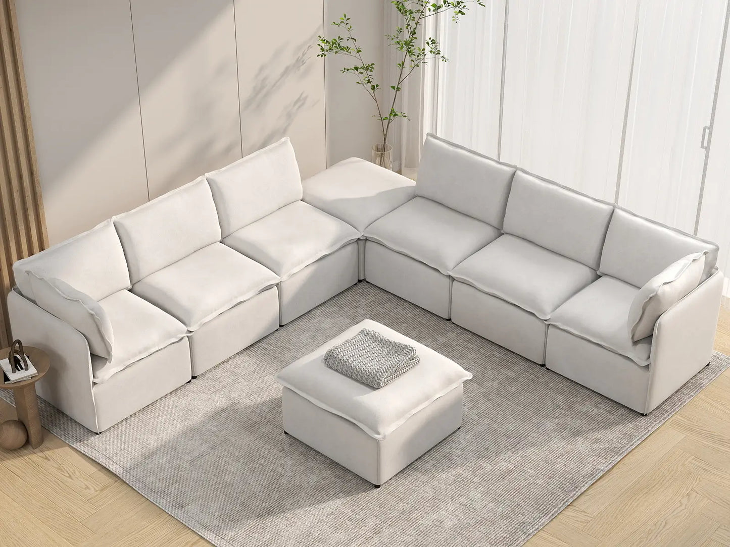 Deluxe Cloud 6-Seater Beige Open Space Sofa Set | 8-Piece (Includes 2 Ottomans), Linen Look Poly Fabric, Easy To Clean
