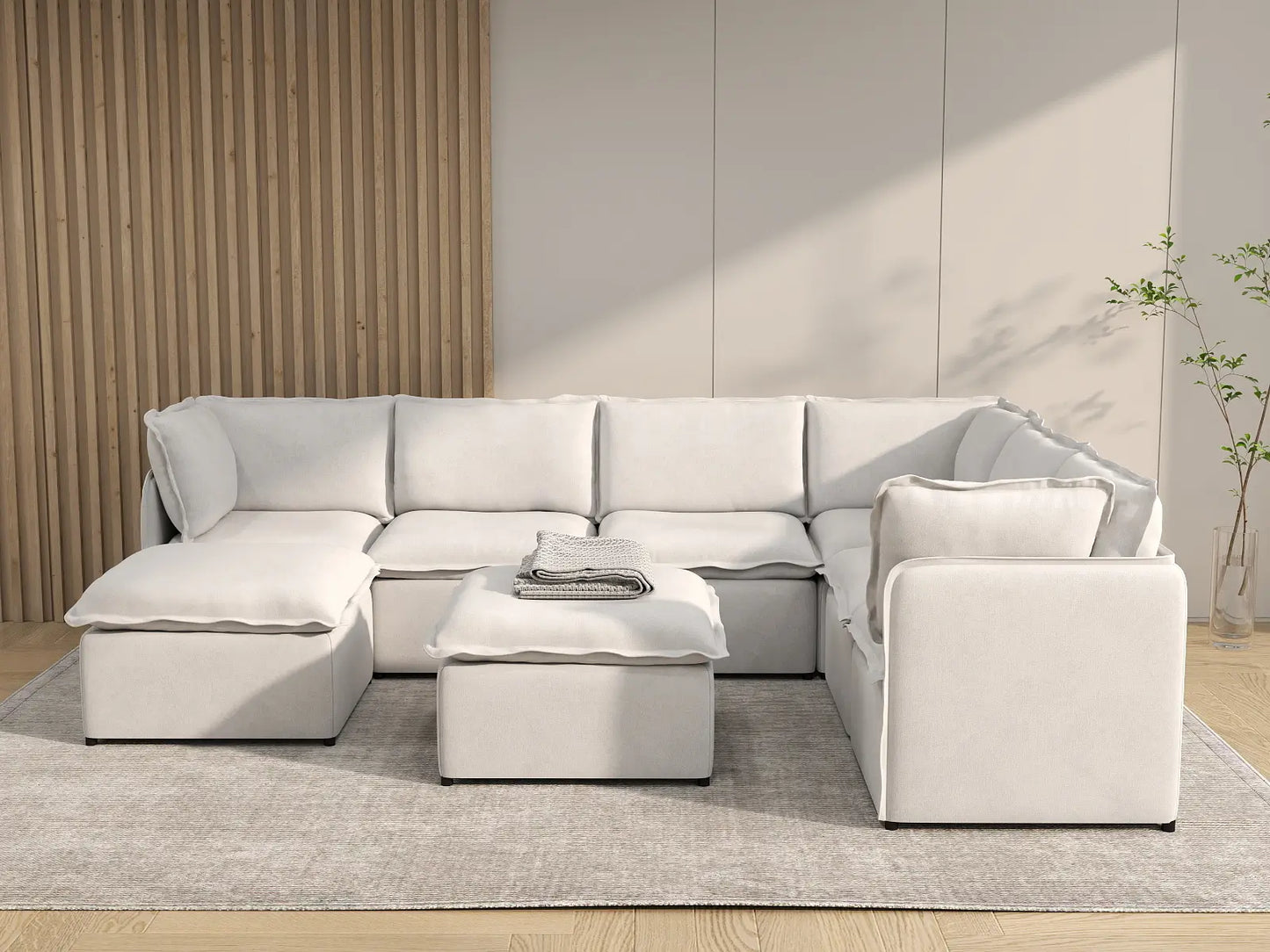 Deluxe Cloud 6-Seater Beige Open Space Sofa Set | 8-Piece (Includes 2 Ottomans), Linen Look Poly Fabric, Easy To Clean