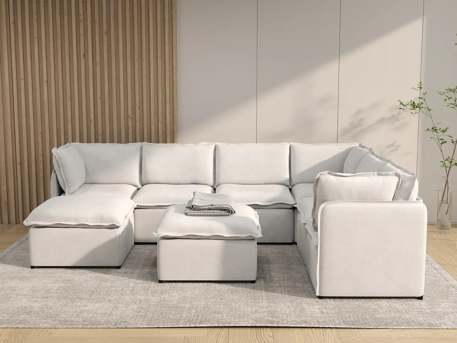 Deluxe Cloud 6-Seater Beige Open Space Sofa Set | 8-Piece (Includes 2 Ottomans), Linen Look Poly Fabric, Easy To Clean