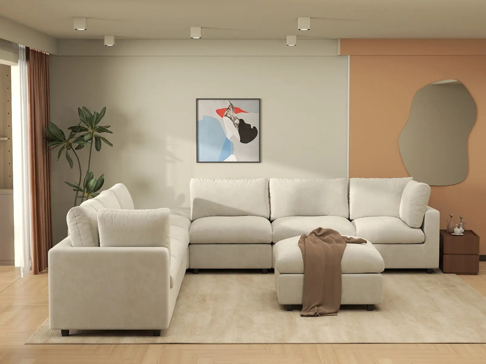 Sofá Seccional Nube Deluxe de 6 Plazas Beige | 8 piezas (incluye 2 otomanas), tela de chenilla mezcla de lino, fácil de limpiar