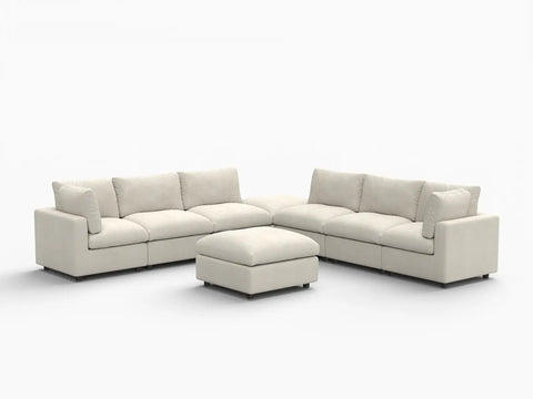 Lounge Cloud Sectional Sofa Covers | Beige Linen-Blend Chenille Sofa Cover for 6-Seater with 2-Ottomans