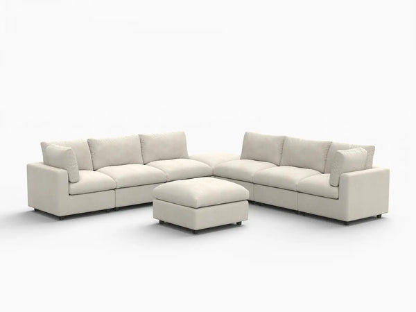 Fundas para sofá seccional Lounge Cloud | Funda de sofá de chenilla con mezcla de lino beige para 6 plazas con 2 otomanas