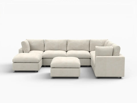 Lounge Cloud Sectional Sofa Covers | Beige Linen-Blend Chenille Sofa Cover for 6-Seater with 2-Ottomans