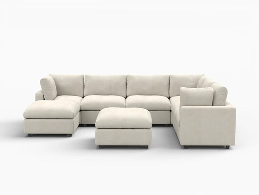 Fundas para sofá seccional Lounge Cloud | Funda de sofá de chenilla de mezcla de lino beige para 6 plazas con 2 otomanas
